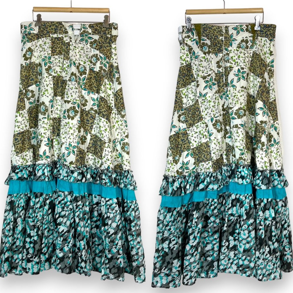 Anthropologie Floral Patchwork Maxi Skirt Ruffle Cotton Blue Motif Modified - Picture 2 of 12
